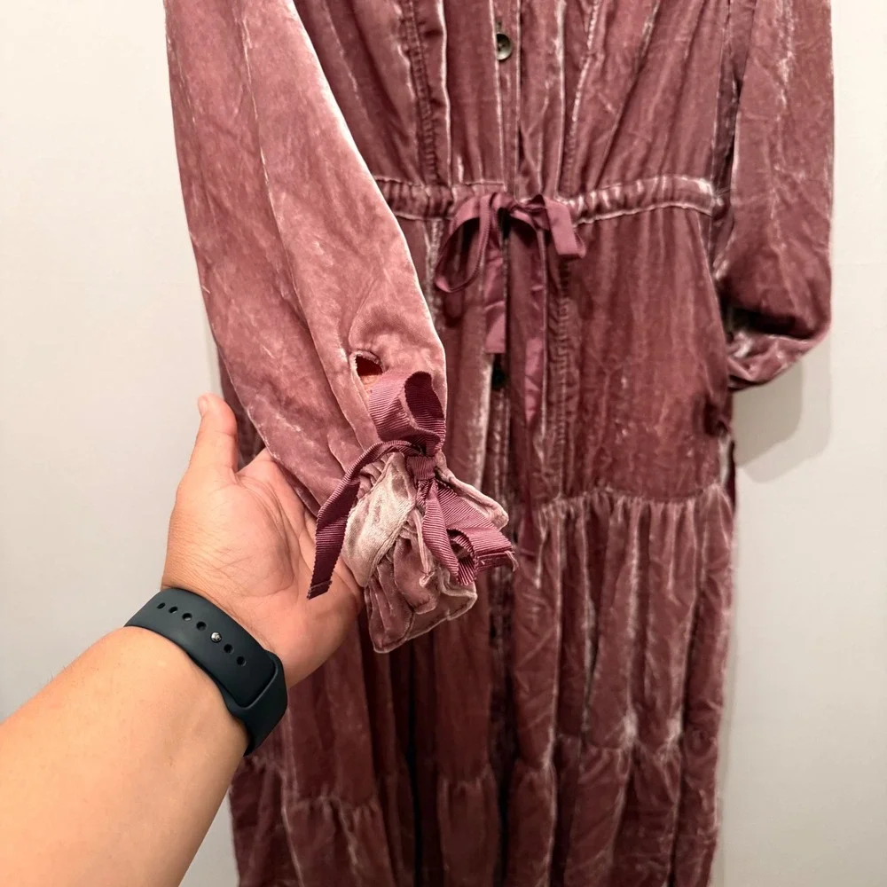 NWT Free People Bella Donna Maxi Duster Coat Mauve Velvet Tiered Pockets Small